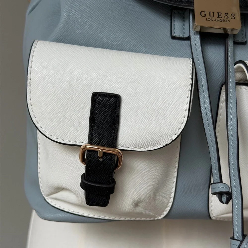 Everyday GUESS Gammill White, Light Blue & Black Dual Buckled Pockets Backpack